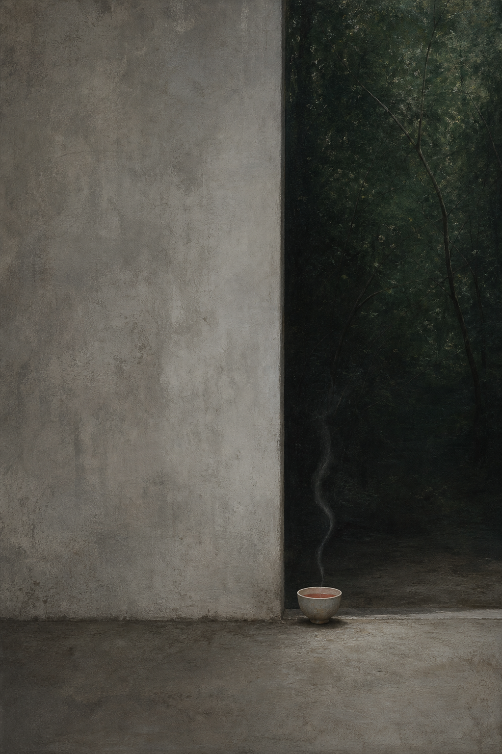 A small porcelain cup of rose tea at the threshold between a quiet grey room and a dark forest green wood.