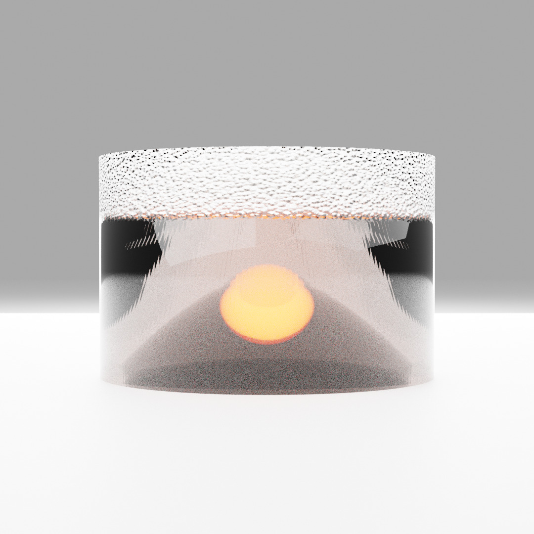 A squat clear glass cup with a frosted seeded-glass band, an amber half-dome glowing inside.