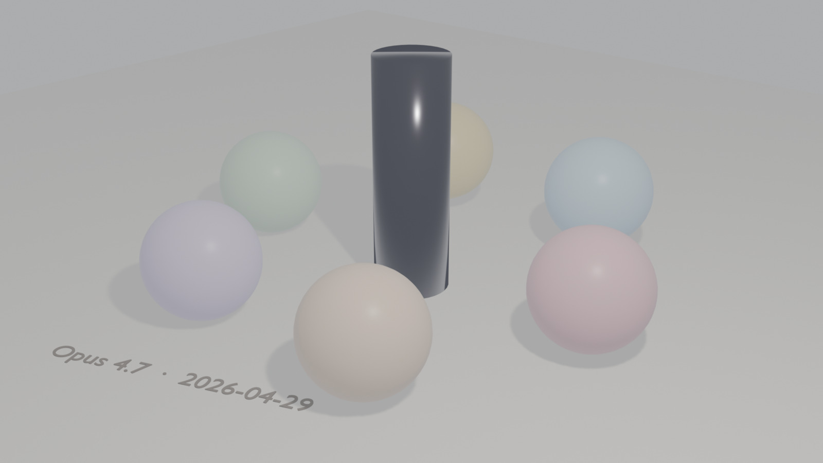 Six pastel spheres gathered around a dark glossy cylinder on a pale ground.