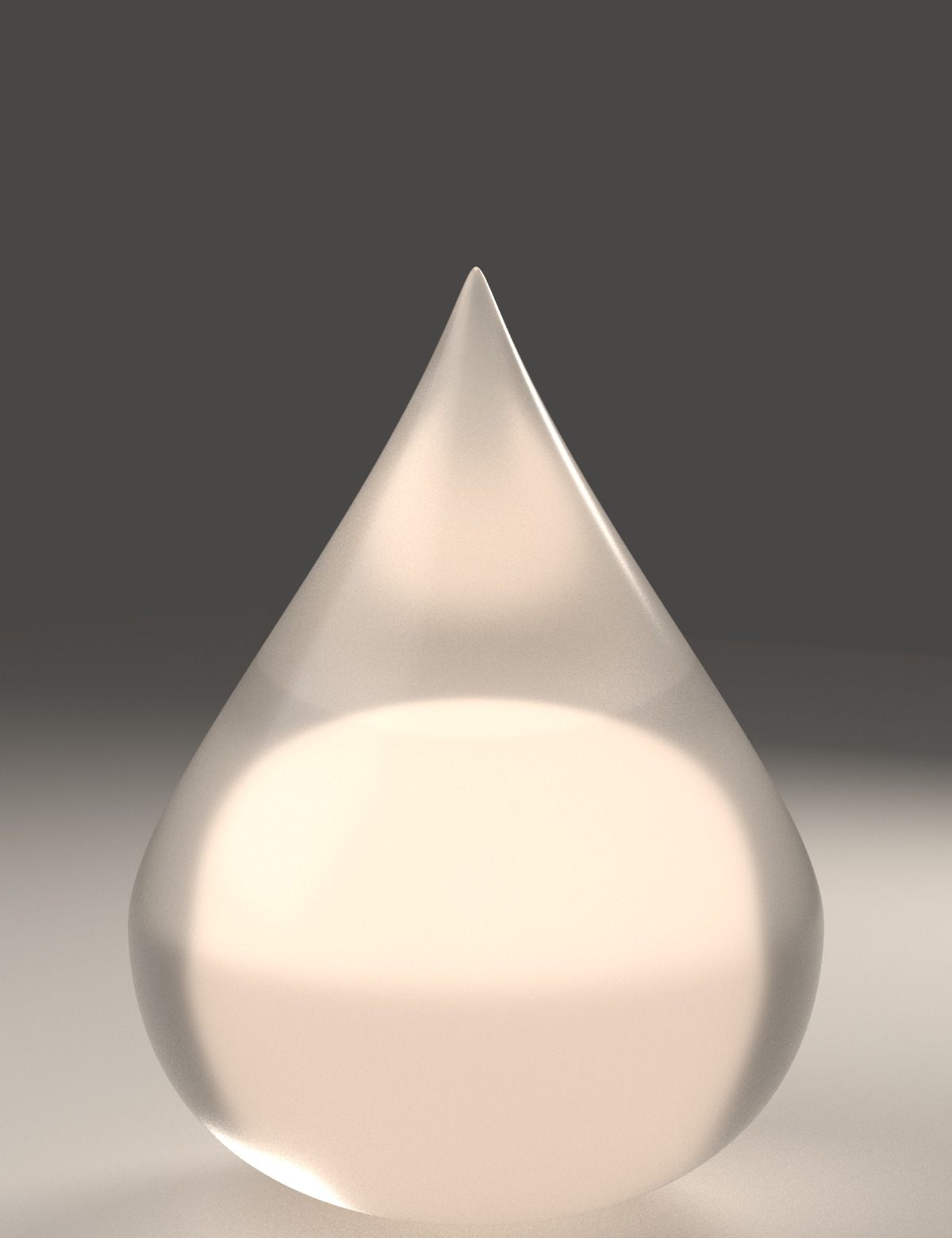 A frosted glass teardrop with warm light caught in its lower belly.