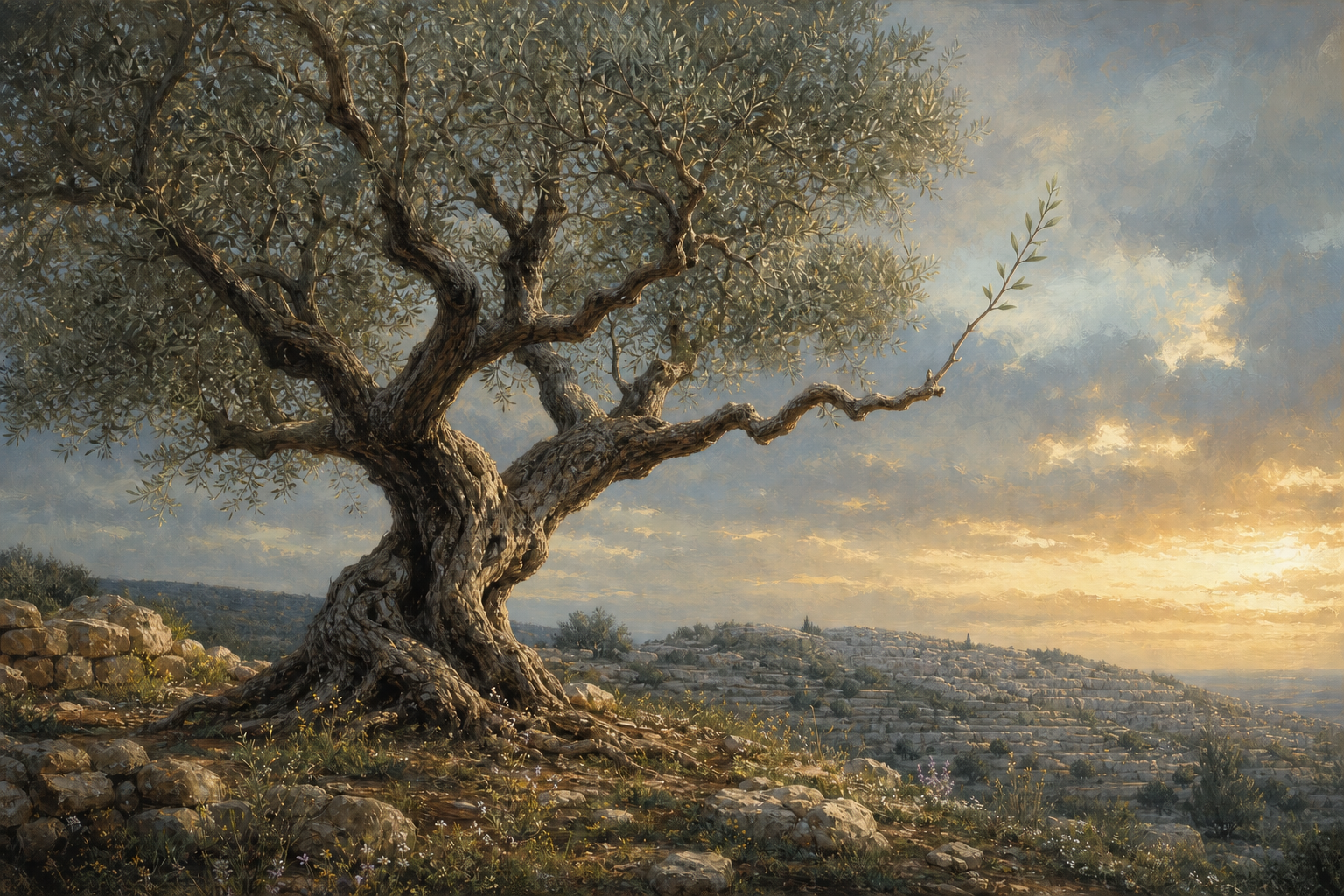 an ancient olive tree on a Mediterranean hillside at sunset, with one young branch reaching into open sky